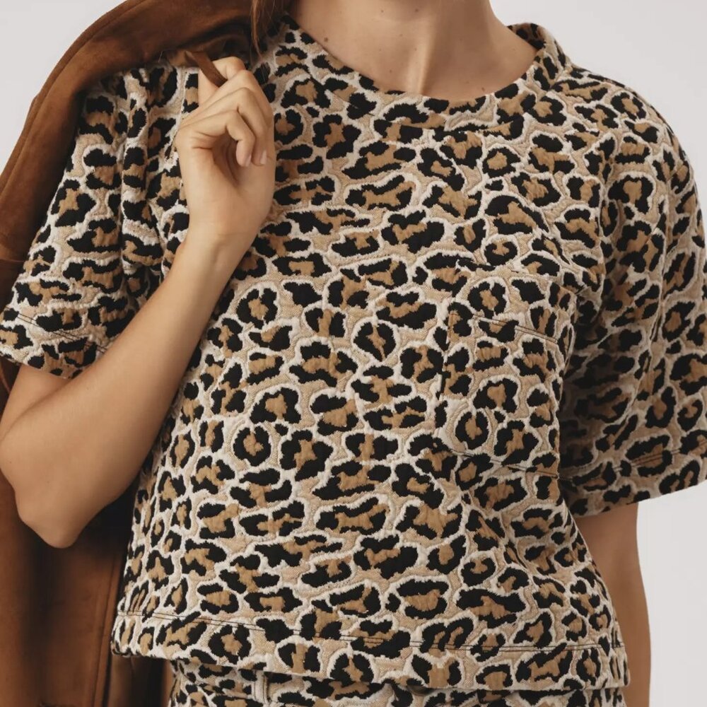 Maeve Leopard Print Short Sleeve Top in Tan and Black